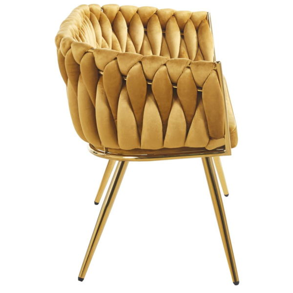 ELEGANCKA SOFA DO SALONU LUB GABINETU ROSE MIODOWY VELVET ZŁOTE METALOWE NOGI - BOK